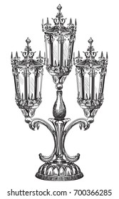 Hand drawing isolated illustration of old street carving lamp in black color on white background