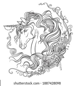 Hand drawing isolated unicorn with long mane and floral composition. Tangle style for adult coloring book, tattoo, t-shirt design, logo. Stylized illustration of horse unicorn in tangle doodle style.