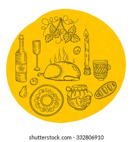 Hand drawing. Items for the kitchen. Thanksgiving Day. Vintage kitchen utensils, decorative items, duck, turkey, wine bottle, glass, mug, plate, pot, burning candle. Vector line drawing.