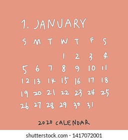 Hand drawing January 2020 calendar. Week starts from Sunday.