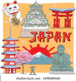 Hand Drawing. Japan famous landmark icons. Vector illustrations. beckoning cat, Nagoya castle, torii gate,  fuji mountain, Mount Fuji, buddha