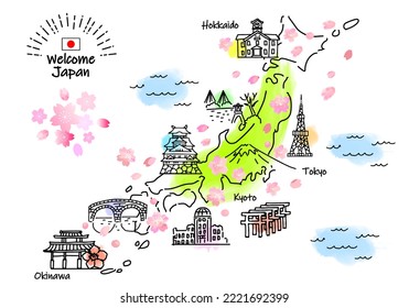 hand drawing JAPAN in Spring tourist spot map, VECTOR