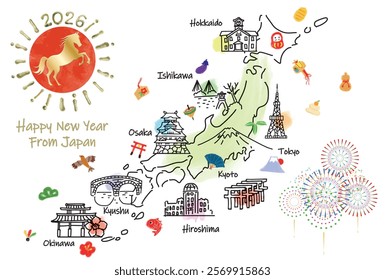 hand drawing JAPAN tourist spot map new year card 2026 vector illustration