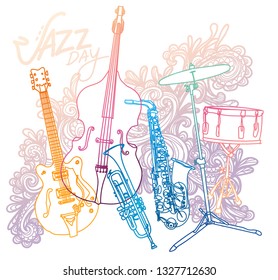 hand drawing Jazz music festival banner with musical instruments. 