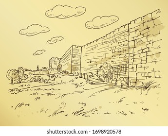 Hand Drawing Jerusalem Old City Wall And  King David Tower.Israel.