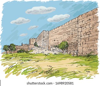 Hand Drawing Jerusalem Old City Wall And  King David Tower.Israel.