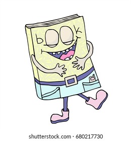 Hand drawing joyous book laughs and clings to the belly. Vector line art illustration.