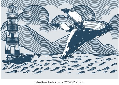 Hand drawing of jumping wheel in ocean theme vintage style.