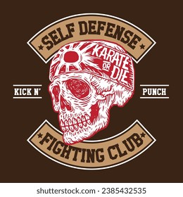 Hand Drawing Karate Skull Vector Illustration in Patch Design Self Defense Fighting Club