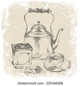 hand drawing of kettle,box of tea, cup of tea, tea leaves.vector illustration