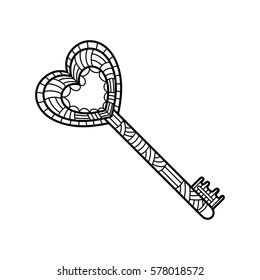 Hand drawing of a key in the style of zentangle, doodle. A linear pattern on a white background. Vector illustration for a coloring book.