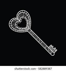 Hand drawing key in the style of zentangle, pattern. Linear white pattern on a black background. Vector illustration.