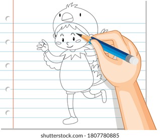 Hand drawing of kid in chicken costume outline illustration