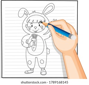 Hand drawing of kid in rabbit costume outline illustration