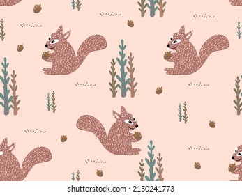 Hand drawing in kid style,cute pattern,seamless patten with squirrel,nuts,tree and grasses for decoration,wallpaper,wrapping paper,fabric,cloth,textile,card,apparel,scandinavian style.