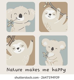 Desenho de mão koala e preguiça design de impressão sem costura. Design de ilustração vetorial para tecidos de moda, gráficos têxteis, impressões.