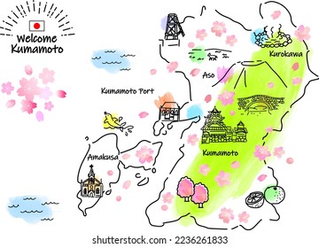 hand drawing KUMAMOTO JAPAN in Spring tourist spot map, vector