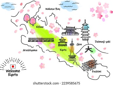hand drawing KYOTO JAPAN in Spring tourist spot map, vector