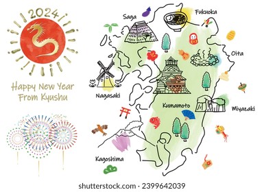 hand drawing KYUSHU JAPAN tourist spot map new year card 2024, vector