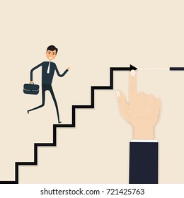  Hand drawing a ladder for young businessman.Hand build stairs for businessman.Concept of business development.Way up.Success in work.Step by step.Vector flat illustration.