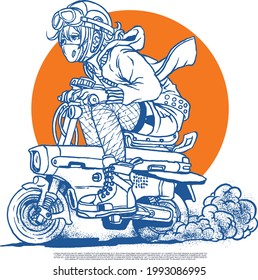 hand drawing lady  wearing masker ride motorcycle unique illustration for poster and tshirt design