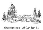 Hand drawing landscape with evergreen trees. Monochrome sketch of rural scene. Vector illustration isolated on white background. Design element. For prints, design, cards and decorations.