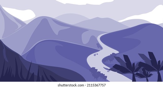 Hand drawing landscape illustration. Purple color. Poster panorama outdoors, clouds and naturescape. Vector backgrounds.