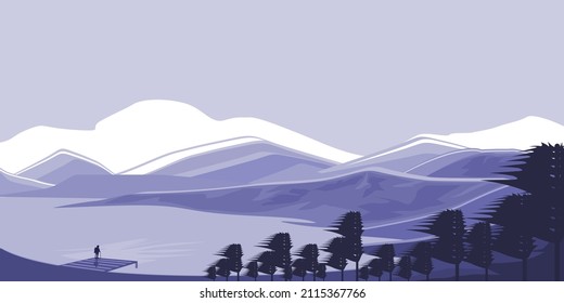 Hand drawing landscape illustration. Purple color. Poster panorama outdoors, clouds and naturescape. Vector backgrounds.