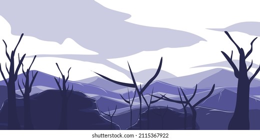 Hand drawing landscape illustration. Purple color. Poster panorama outdoors, clouds and naturescape. Vector backgrounds.