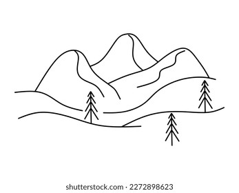 Hand drawing landscape mountain. Outline landscape in minimal style illustration isolated on white background. Vector illustration