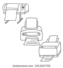 Hand drawing Large inkjet plotter printer in linear style. Plotter printer equipment for printing many products such as billboards, posters, roll-ups and more large formats. Vector sketch or line