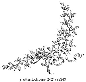 Hand drawing of laurel branches with ribbon, black and white vector illustration isolated on white