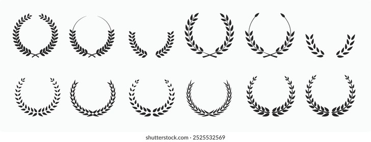 Hand drawing laurel wreaths and branches collection. Laurels wreaths, swirls, twigs and flower ornaments. Greek and Roman olive branch award, winner round emblem. Vector black laurels set