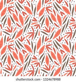 Hand drawing leaves, flowers and plants, colorful floral pattern. Vector seamless texture, wild meadow print