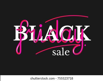 Hand drawing lettering Black Friday in white and pink colors on black background.