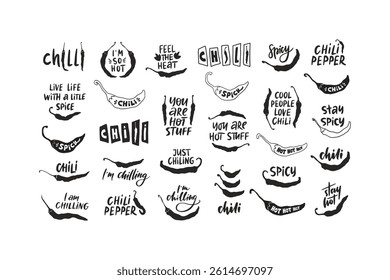 Hand drawing lettering with chili pepper. Spicy hot mexican vegetable. Vector illustration isolated on white. Saying, phrase for poster, kitchen decor, market, logo