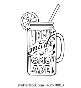 hand drawing lettering home made lemonade, old stile lettering, black lemonade mug with text and a slice of lemon on white background, modern calligraphy,vector illustration