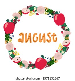 hand drawing lettering month of august in a wreath of flowers and fruits