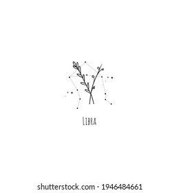 Handzeichnung Libra Sternbild Symbol mit Blumenzweig und Sternen. Moderne minimalistische mystische Astrologie, ästhetische Illustration mit Tierzeichen