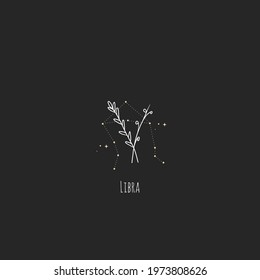 Hand drawing Libra constellation symbol with floral branch and stars. Modern minimalist mystical astrology aesthetic illustration with zodiac signs