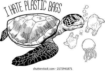 Hand Drawing Life Threatening Marine Life. Awareness About The Litter In The Oceans. Phrase I Hate Plastic Bags.