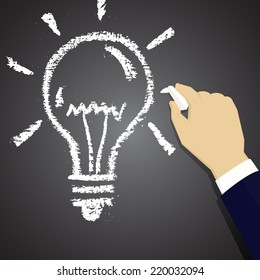 Hand drawing light bulb chalk on a blackboard. Symbol ideas.