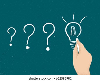 Hand drawing light bulb on blackboard