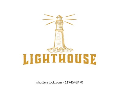 hand drawing Lighthouse, Mercusuar ,  Beacon Searchlight Logo Designs Inspiration Isolated on White Background