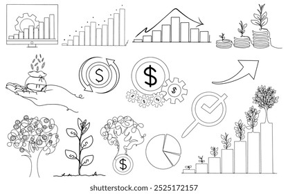 Hand Drawing line art of business and finance with growth of coin. Vector illustration