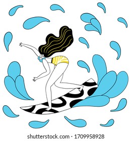 Hand drawing line art doodle style isolated on white background. Surfgirl keeping a balace. Art for social media, poster, card, banner, t-shirts, wall art, stickers, stationery design element. 