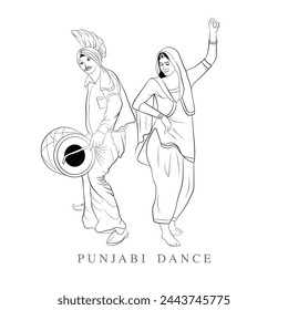 Hand drawing line art, An illustration of couple dance, Punjab crops cutting season celebration