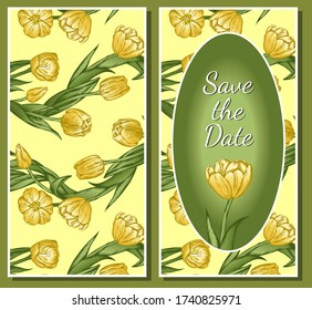 Hand drawing line art poster with Spring yellow tulip and green leaf. Floral vintage background, textile, packaging. Botanical engraved flower postcard, invitation. Save the Date. Vector illustration