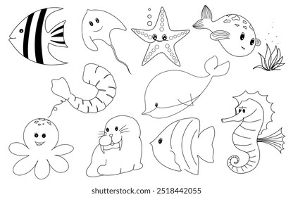 Hand Drawing line art of underwater life with Whales, fish, shrimp, shellfish, rays, starfish, sea lions, squid