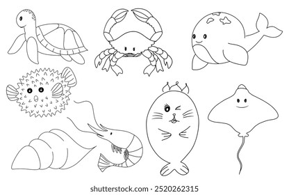 Hand Drawing line art of underwater life with Crab, whale, puffer fish, shrimp, shellfish, stingray, seals, turtle 